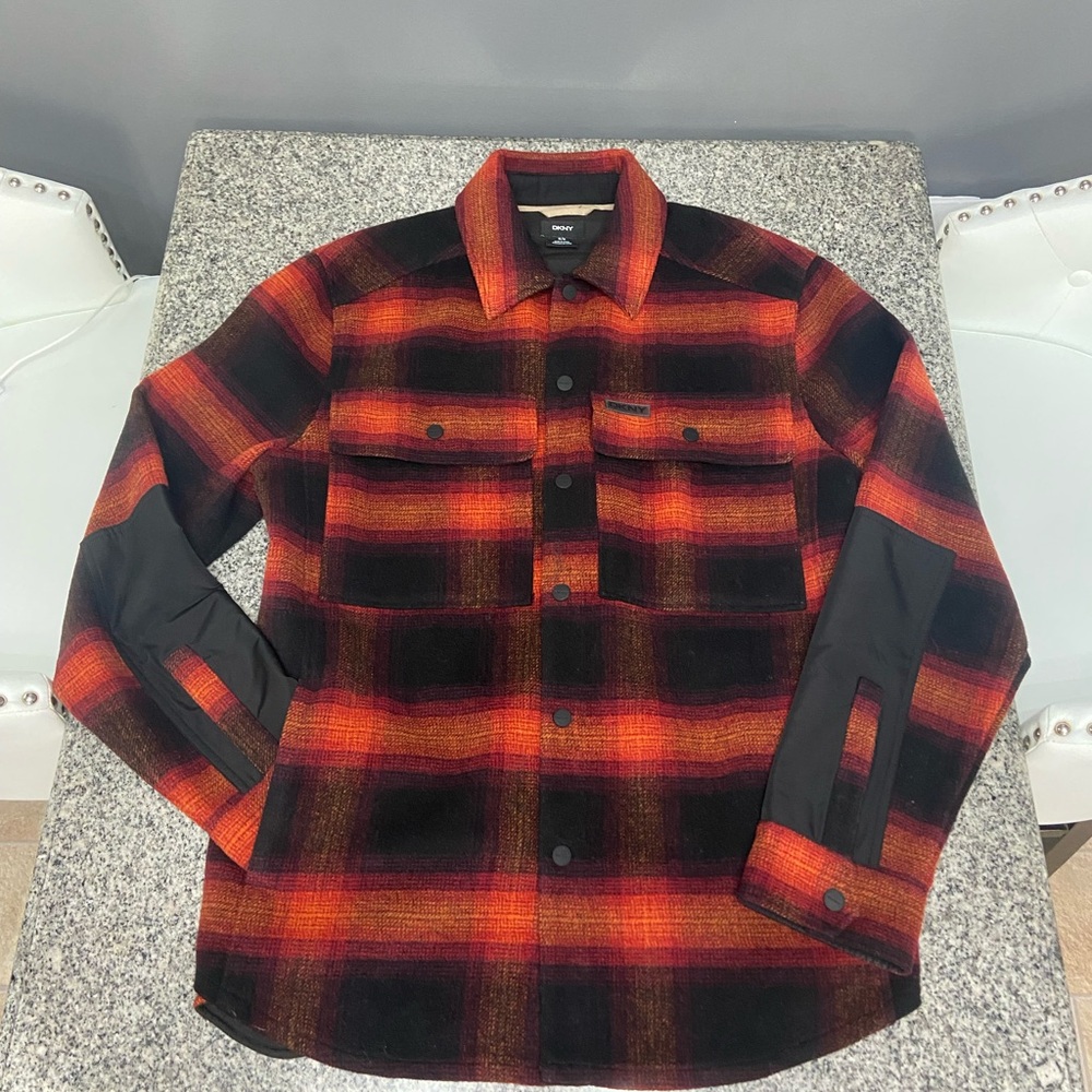 DKNY Vibrant Red and Black Checkered Shirt Jacket
